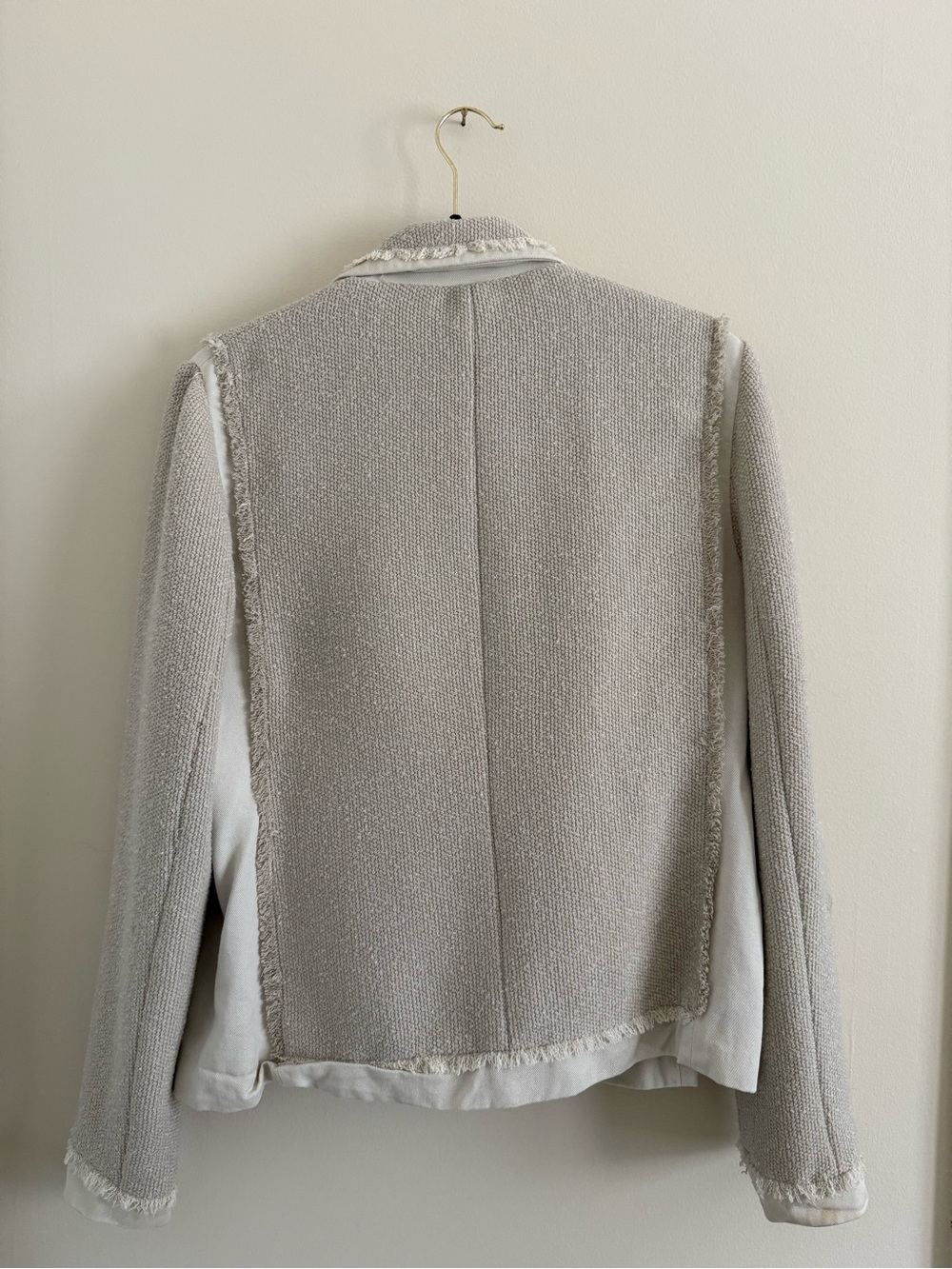 Vince Cream Bouclé Frayed-Edge Blazer Large / Fringed Twill Paneled Tweed Jacket - Picture 5 of 12